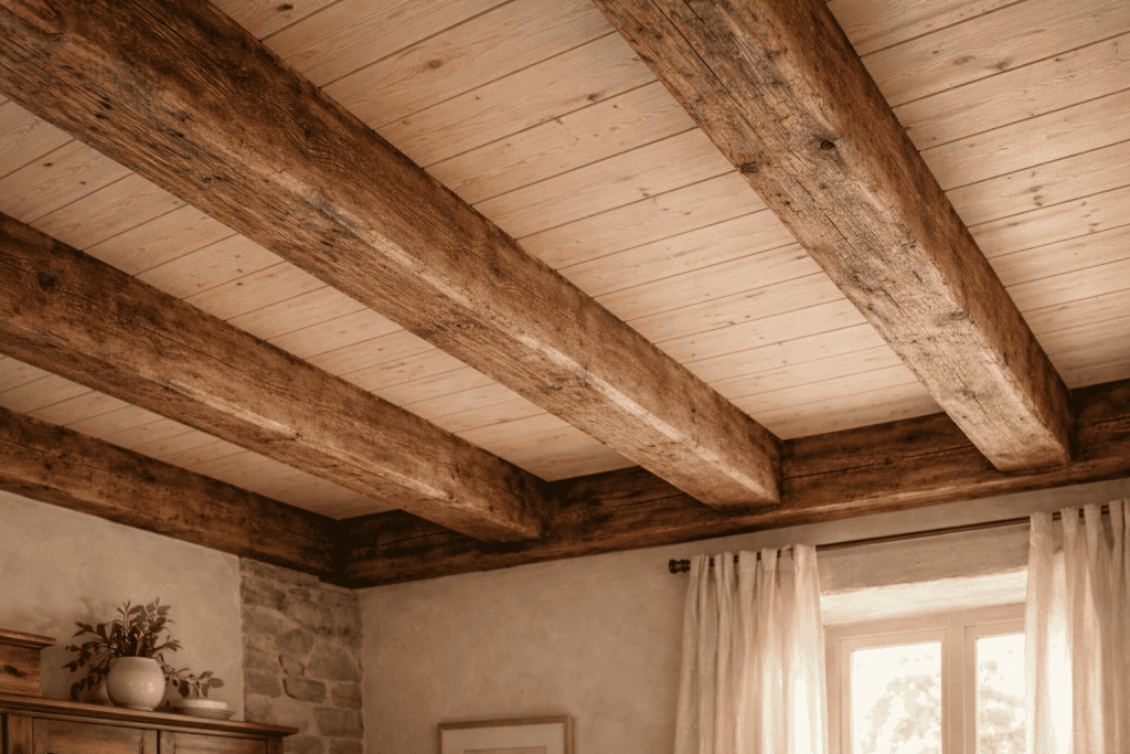 Plafond en bois vieilli et chaleureux